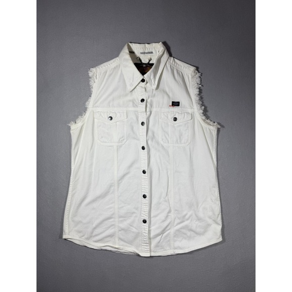 Harley-Davidson Jackets & Blazers - 100% Cotton Harley Davidson Embroidered Women's White Cut Off Vest Size L Moto